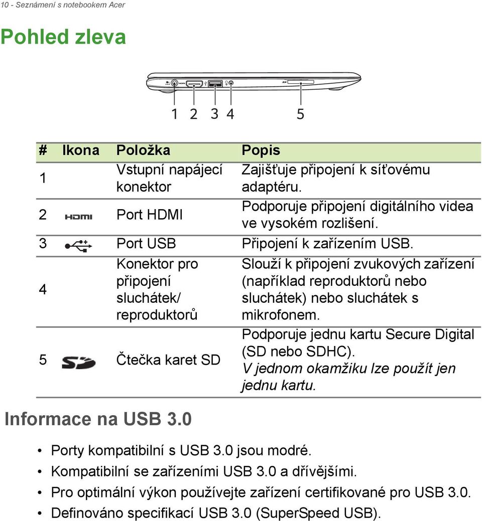 4 Konektor pro připojení sluchátek/ reproduktorů 5 Čtečka karet SD Informace na USB 3.