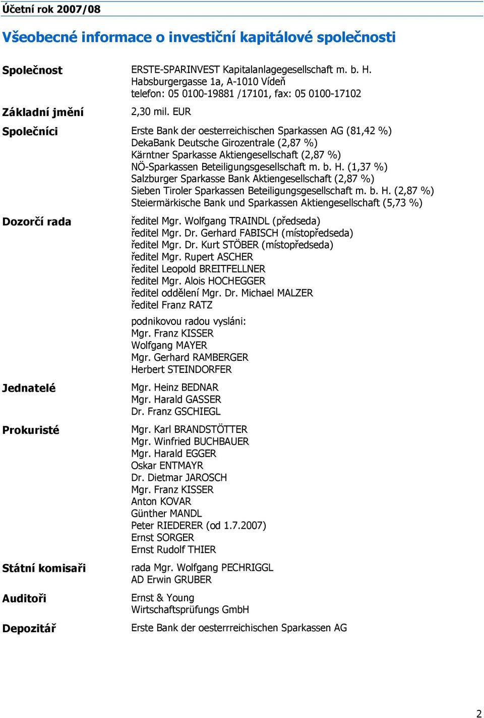 EUR Společníci Erste Bank der oesterreichischen Sparkassen AG (81,42 %) DekaBank Deutsche Girozentrale (2,87 %) Kärntner Sparkasse Aktiengesellschaft (2,87 %) NÖ-Sparkassen Beteiligungsgesellschaft m.