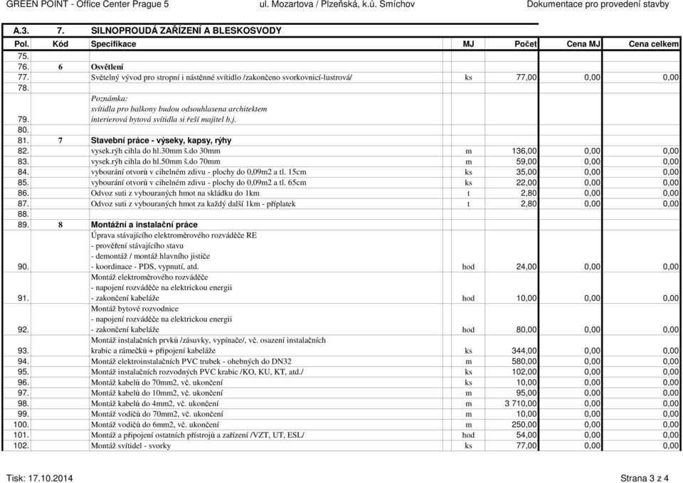 do 30mm m 136,00 0,00 0,00 83. vysek.rýh cihla do hl.50mm š.do 70mm m 59,00 0,00 0,00 84. vybourání otvorů v cihelném zdivu - plochy do 0,09m2 a tl. 15cm ks 35,00 0,00 0,00 85.