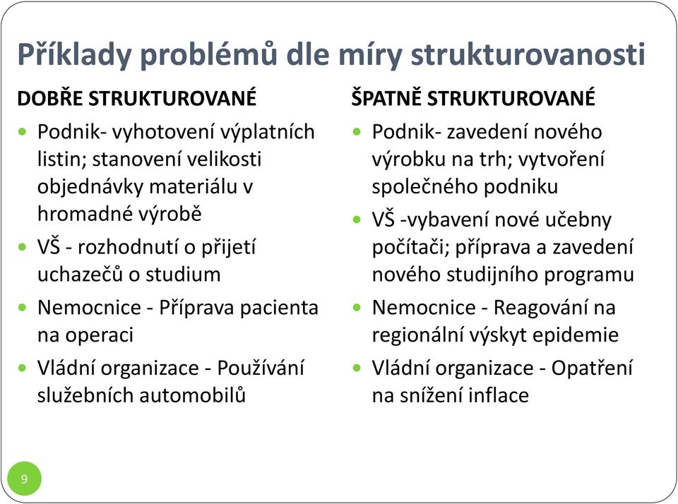 služebních automobilů ŠPATNĚ STRUKTUROVANÉ Podnik- zavedení nového výrobku na trh; vytvoření společného podniku VŠ -vybavení nové učebny