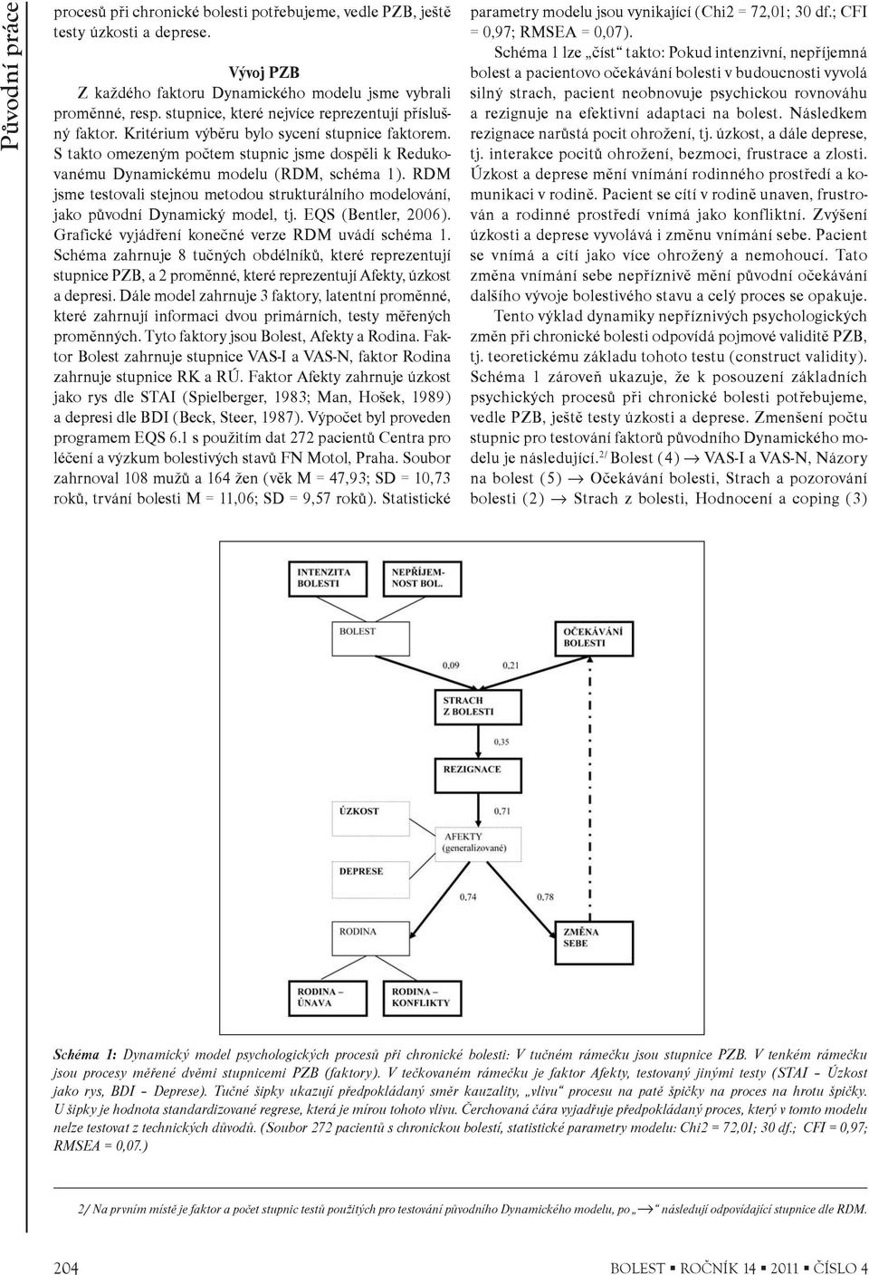 RDM jsme testovali stejnou metodou strukturálního modelování, jako pùvodní Dynamický model, tj. EQS (Bentler, 2006). Grafické vyjádøení koneèné verze RDM uvádí schéma 1.
