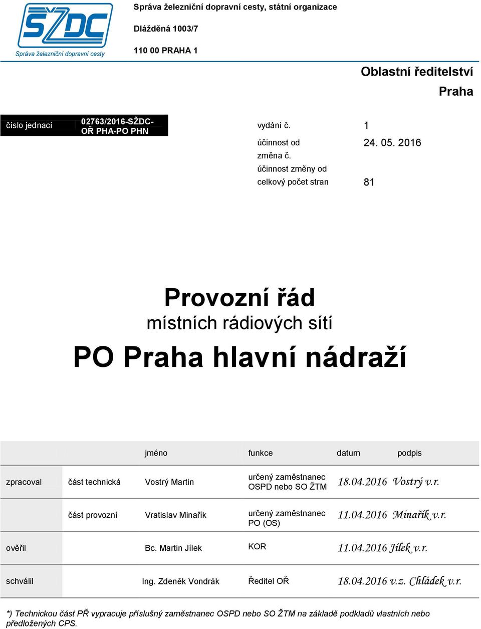 účinnost změny od celkový počet stran 81 Provozní řád místních rádiových sítí PO Praha hlavní nádraţí jméno funkce datum podpis zpracoval část technická Vostrý Martin určený zaměstnanec