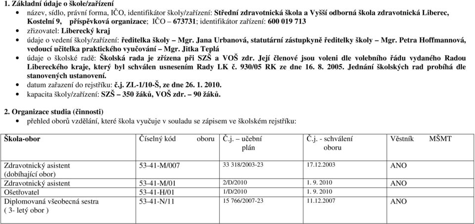 Petra Hoffmannová, vedoucí učitelka praktického vyučování Mgr. Jitka Teplá údaje o školské radě: Školská rada je zřízena při SZŠ a VOŠ zdr.
