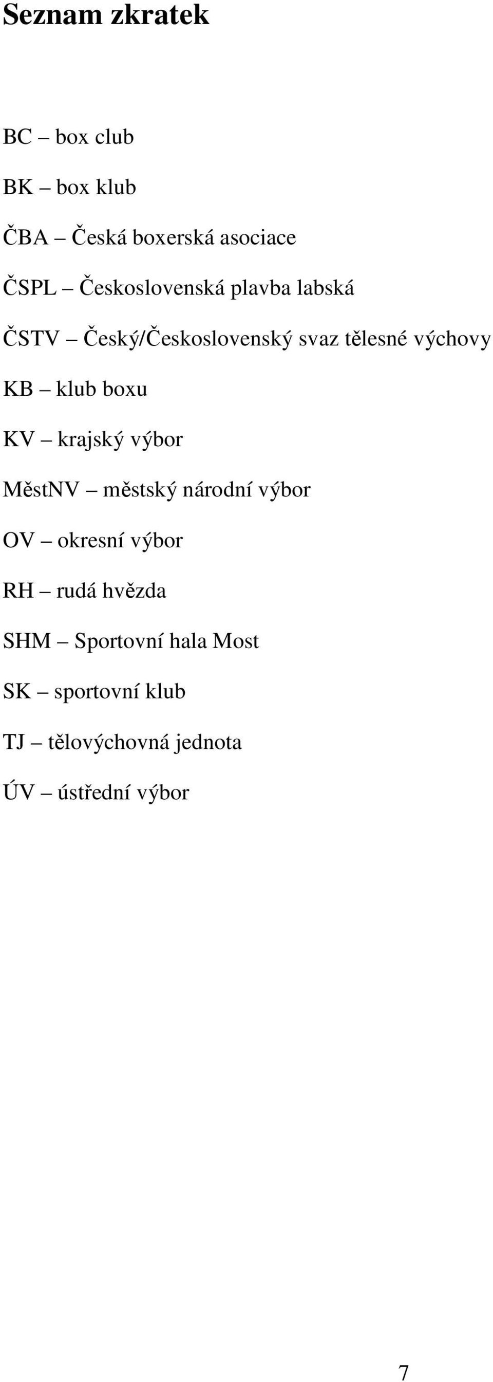 klub boxu KV krajský výbor MěstNV městský národní výbor OV okresní výbor RH rudá