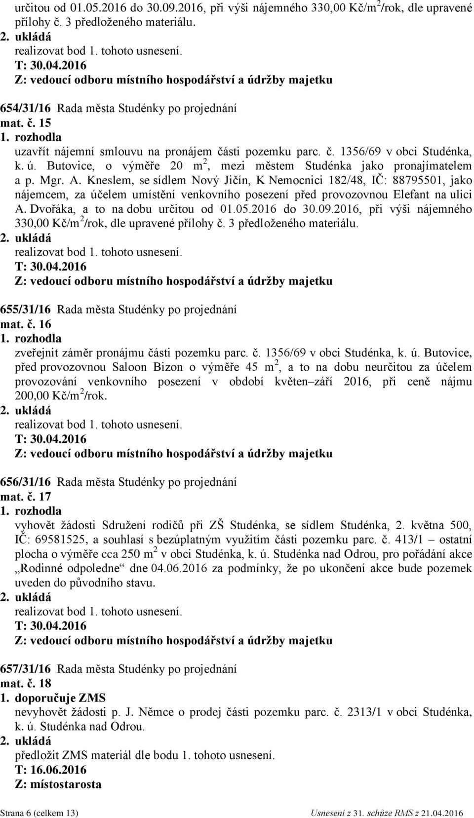 Kneslem, se sídlem Nový Jičín, K Nemocnici 182/48, IČ: 88795501, jako nájemcem, za účelem umístění venkovního posezení před provozovnou Elefant na ulici A. Dvořáka, a to na dobu určitou od 01.05.