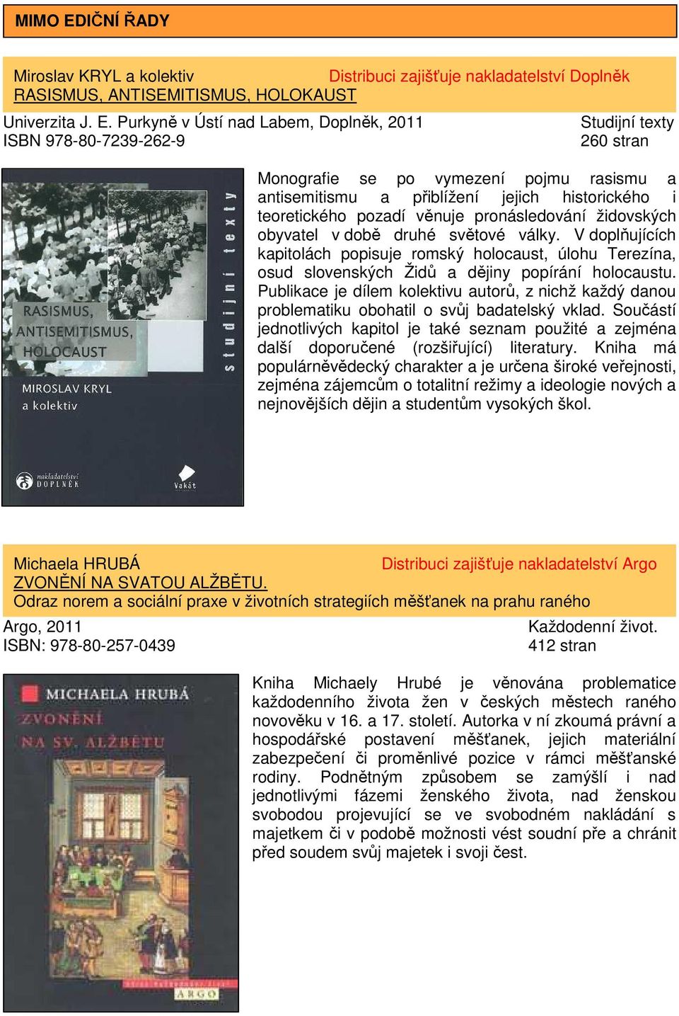 Purkyně v Ústí nad Labem, Doplněk, 2011 ISBN 978-80-7239-262-9 Studijní texty 260 stran Monografie se po vymezení pojmu rasismu a antisemitismu a přiblížení jejich historického i teoretického pozadí
