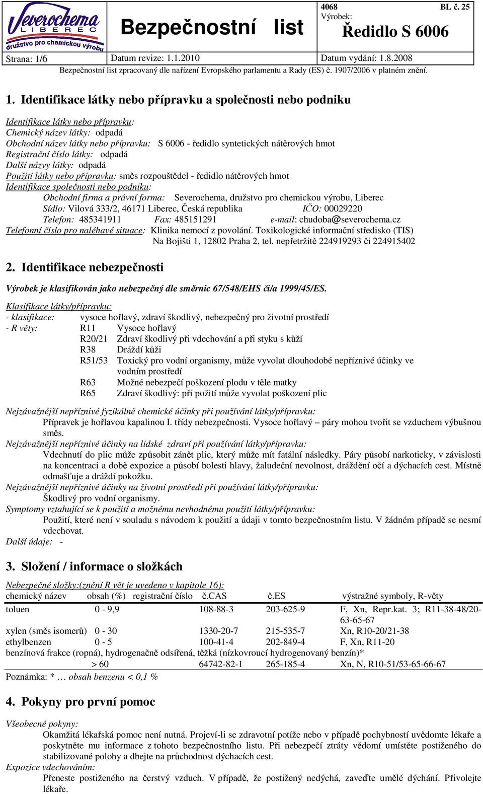 nátěrových hmot Registrační číslo látky: odpadá Další názvy látky: odpadá Použití látky nebo přípravku: směs rozpouštědel - ředidlo nátěrových hmot Identifikace společnosti nebo podniku: Obchodní