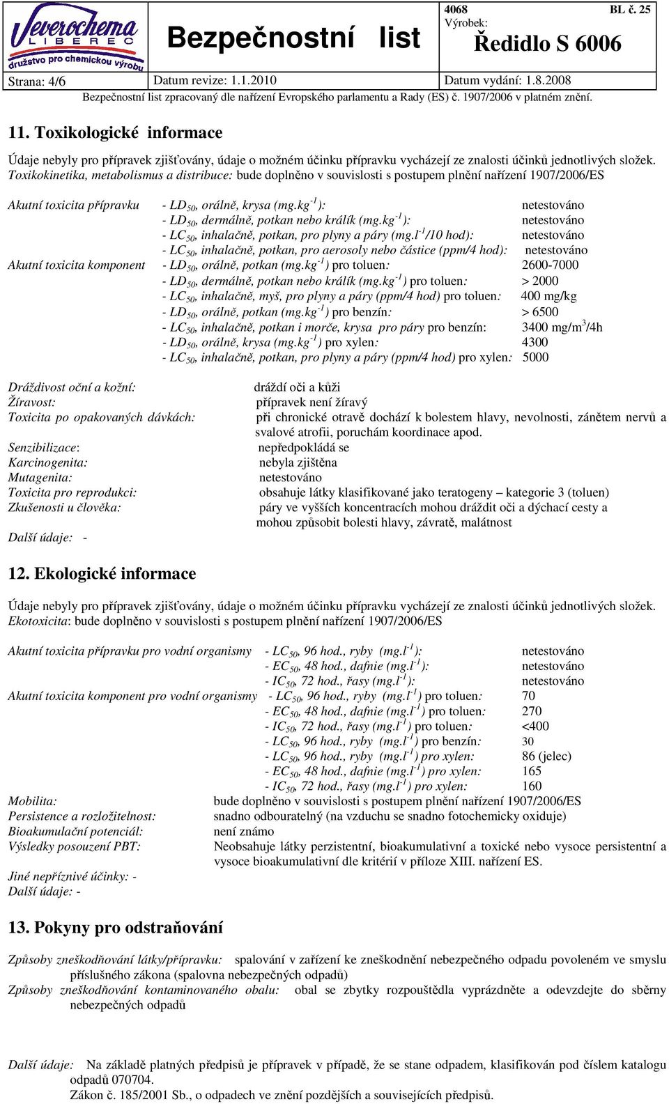 Toxikokinetika, metabolismus a distribuce: bude doplněno v souvislosti s postupem plnění nařízení 1907/2006/ES Akutní toxicita přípravku - LD 50, orálně, krysa (mg.