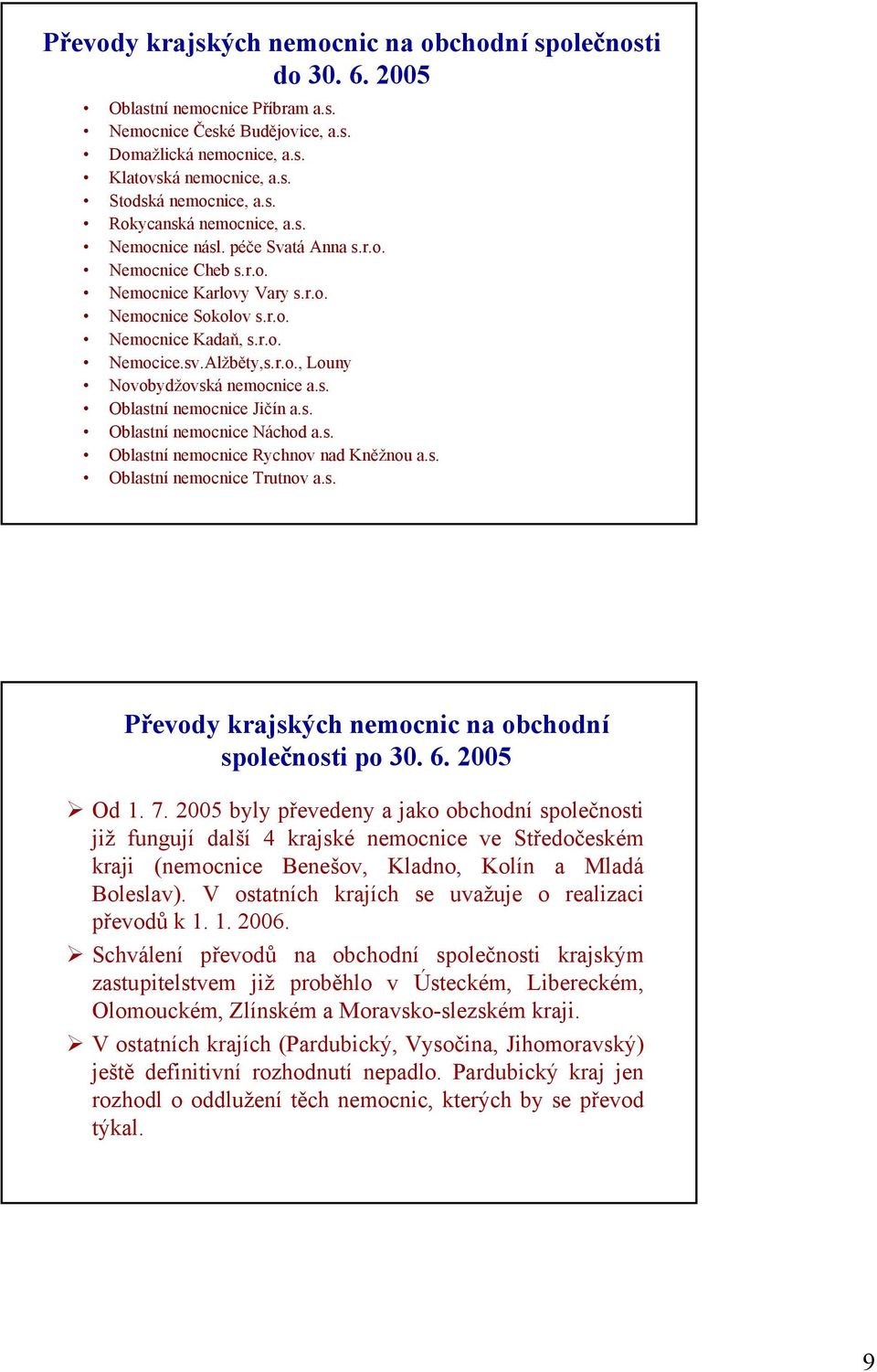 s. Oblastní nemocnice Jičín a.s. Oblastní nemocnice Náchod a.s. Oblastní nemocnice Rychnov nad Kněžnou a.s. Oblastní nemocnice Trutnov a.s. Převody krajských nemocnic na obchodní společnosti po 3. 6.