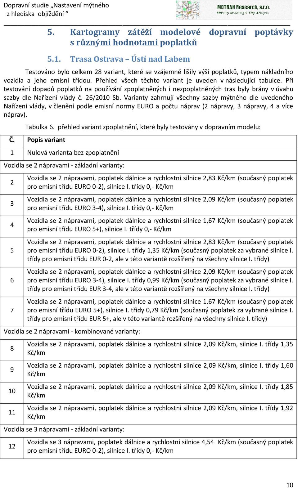 Přehled všech těchto variant je uveden v následující tabulce. Při testování dopadů poplatků na používání zpoplatněných i nezpoplatněných tras byly brány v úvahu sazby dle Nařízení vlády č. 26/2010 Sb.