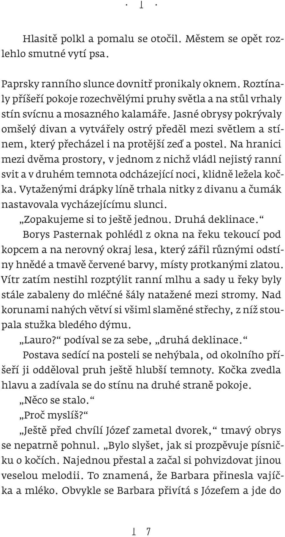 Jasné obrysy pokrývaly omšelý divan a vytvářely ostrý předěl mezi světlem a stínem, který přecházel i na protější zeď a postel.