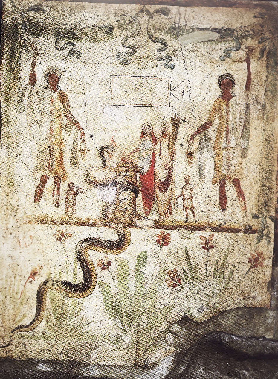 12) Lararium v domě aedila Julia Polybia zobrazuje Agathodaimona v podobě