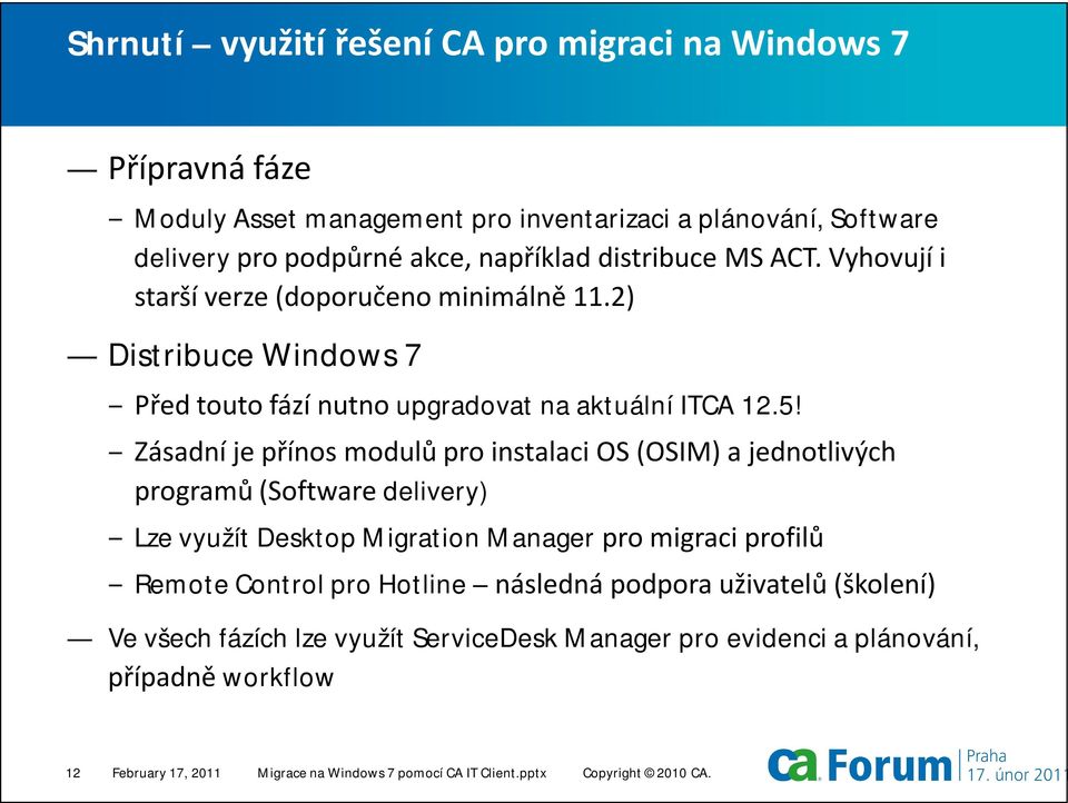 Zásadní je přínos modulů pro instalaci OS (OSIM) a jednotlivých programů (Software delivery) Lze využít Desktop Migration Manager pro migraci profilů Remote Control pro Hotline