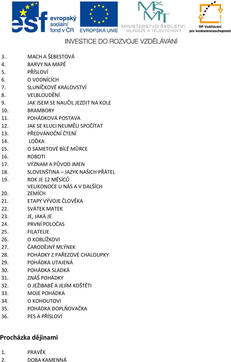 ROK JE 12 MĚSÍCŮ VELIKONOCE U NÁS A V DALŠÍCH 20. ZEMÍCH 21. ETAPY VÝVOJE ČLOVĚKA 22. SVÁTEK MATEK 23. JE, JAKÁ JE 24. PRVNÍ POLOČAS 25. FILATELIE 26. O KOBLÍŽKOVI 27. ČARODĚJNÝ MLÝNEK 28.