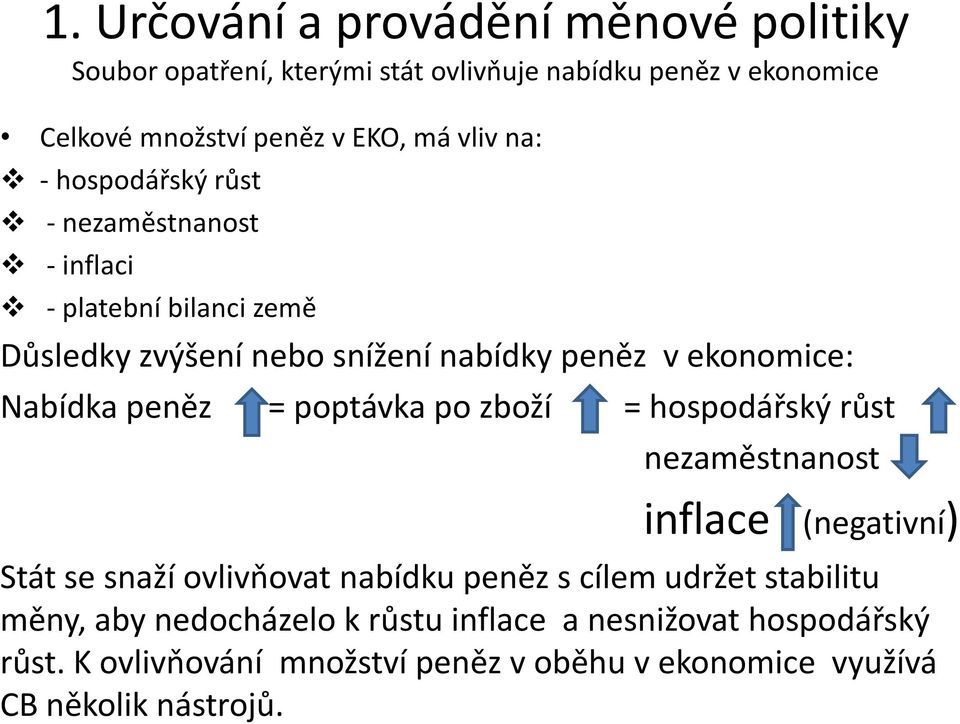 peněz = poptávka po zboží = hospodářský růst nezaměstnanost inflace (negativní) Stát se snaží ovlivňovat nabídku peněz s cílem udržet stabilitu