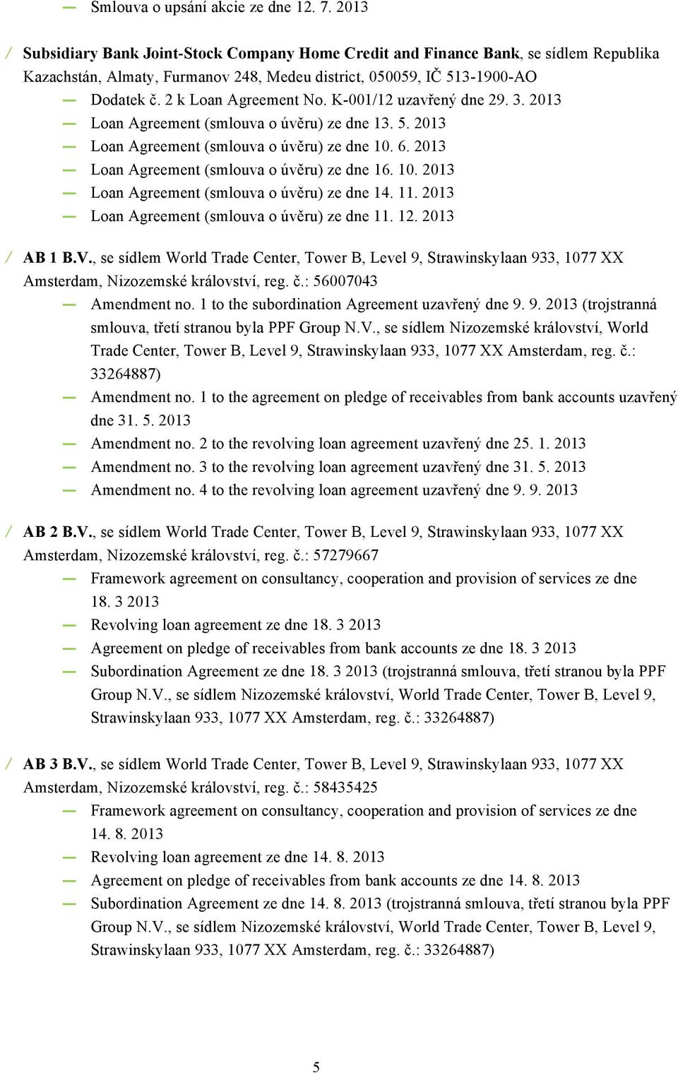 K-001/12 uzavřený dne 29. 3. 2013 Loan Agreement (smlouva o úvěru) ze dne 13. 5. 2013 Loan Agreement (smlouva o úvěru) ze dne 10. 6. 2013 Loan Agreement (smlouva o úvěru) ze dne 16. 10. 2013 Loan Agreement (smlouva o úvěru) ze dne 14.