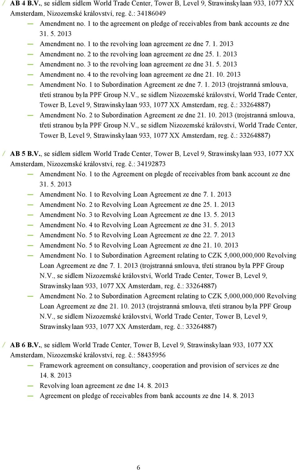 1. 2013 Amendment no. 3 to the revolving loan agreement ze dne 31. 5. 2013 Amendment no. 4 to the revolving loan agreement ze dne 21. 10. 2013 Amendment No. 1 to Subordination Agreement ze dne 7. 1. 2013 (trojstranná smlouva, třetí stranou byla PPF Group N.