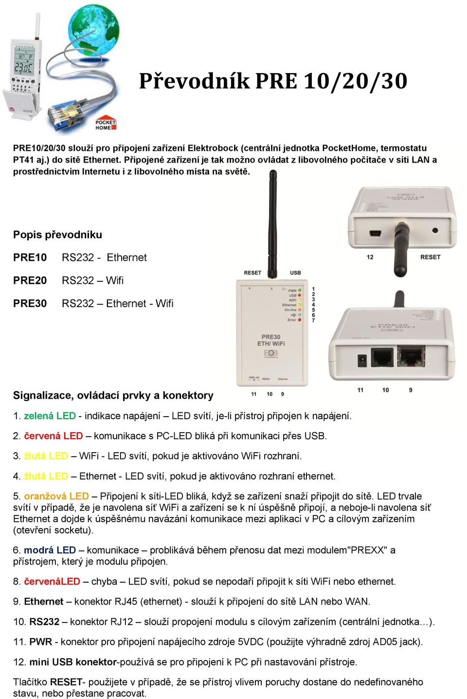 Popis převodníku PRE10 PRE20 PRE30 RS232 - Ethernet RS232 Wifi RS232 Ethernet - Wifi Signalizace, ovládací prvky a konektory 1.
