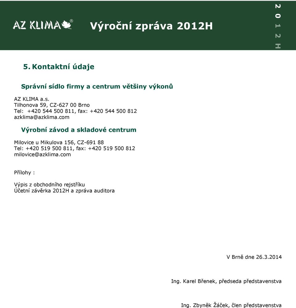 milovice@azklima.com Přílohy : Výpis z obchodního rejstříku Účetní závěrka 2012H a zpráva auditora V Brně dne 26.3.