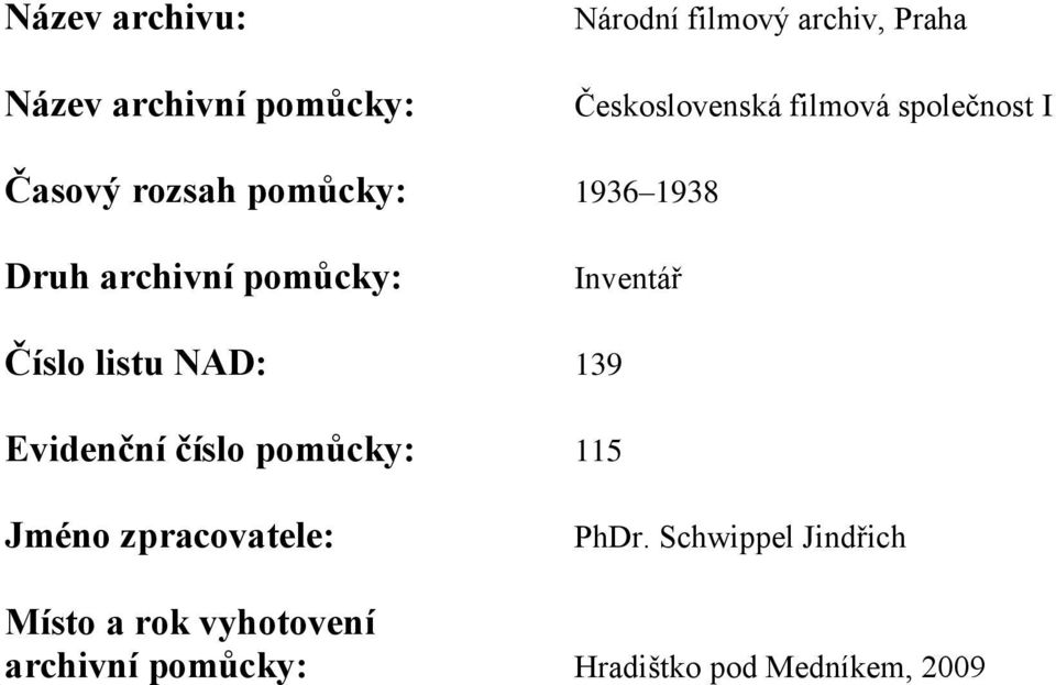 Inventář Číslo listu NAD: 139 Evidenční číslo pomůcky: 115 Jméno zpracovatele: PhDr.