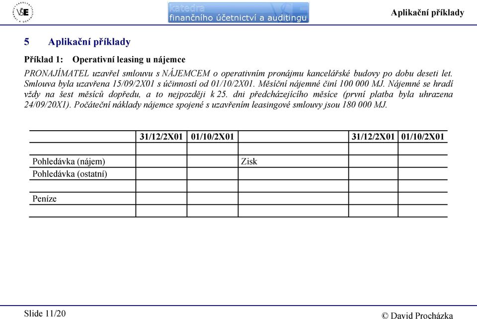 Nájemné se hradí vždy na šest měsíců dopředu, a to nejpozději k 25. dni předcházejícího měsíce (první platba byla uhrazena 24/09/20X1).