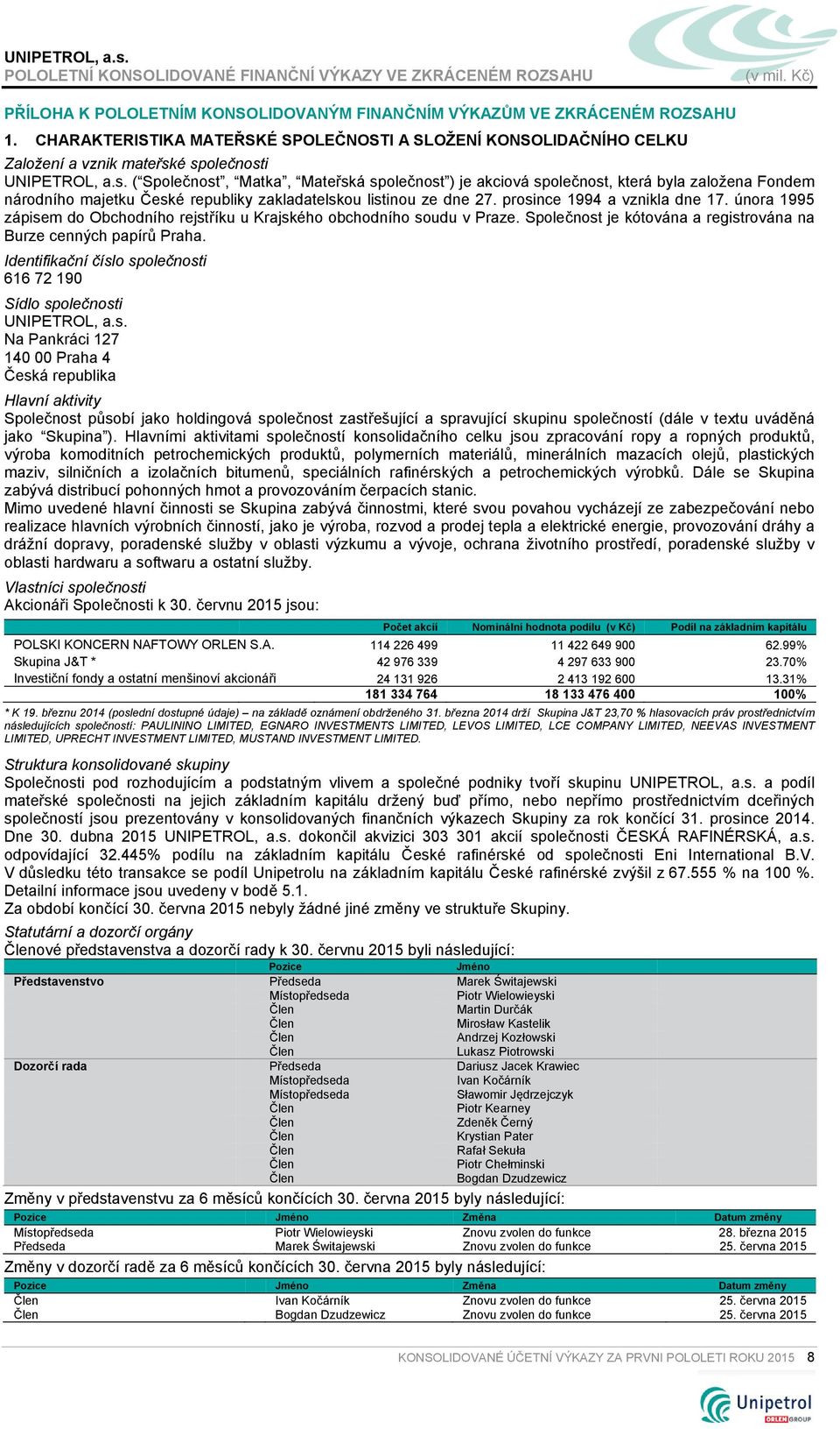 é společnosti UNIPETROL, a.s. ( Společnost, Matka, Mateřská společnost ) je akciová společnost, která byla založena Fondem národního majetku České republiky zakladatelskou listinou ze dne 27.