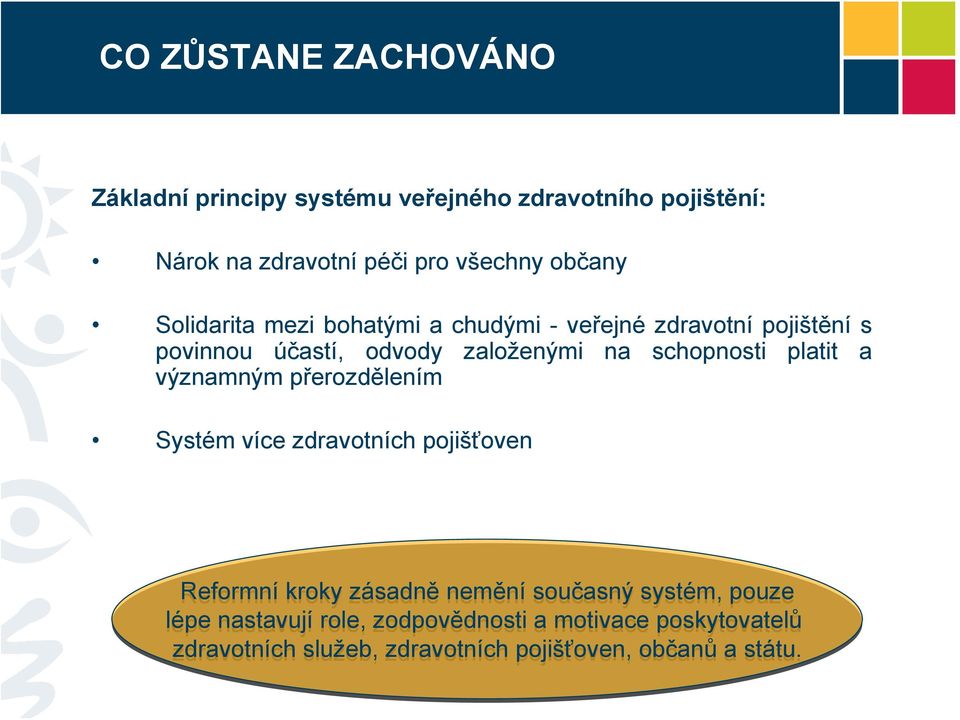 schopnosti platit a významným přerozdělením Systém více zdravotních pojišťoven Reformní kroky zásadně nemění současný