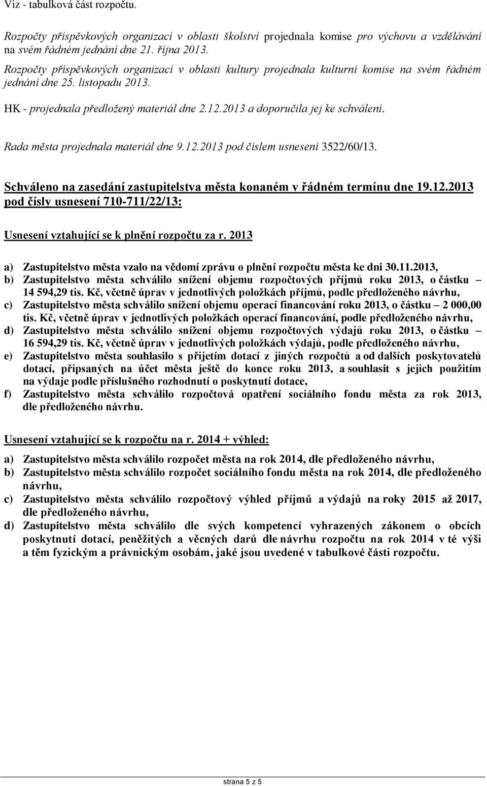 Rada města projednala materiál dne 9.12. pod číslem usnesení 3522/60/13. Schváleno na zasedání zastupitelstva města konaném v řádném termínu dne 19.12. pod čísly usnesení 710-711/22/13: Usnesení vztahující se k plnění rozpočtu za r.