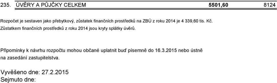 Zůstatkem finančních prostředků z roku 2014 jsou kryty splátky úvěrů.