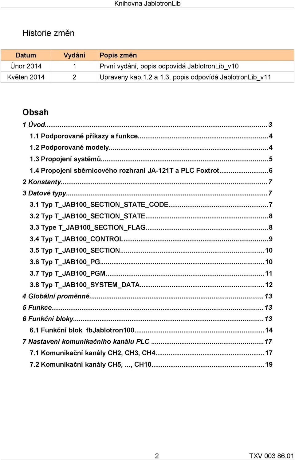 Datové typy...7 3.1 Typ T_JAB100_SECTION_STATE_CODE...7 3.2 Typ T_JAB100_SECTION_STATE...8 3.3 Type T_JAB100_SECTION_FLAG...8 3.4 Typ T_JAB100_CONTROL...9 3.5 Typ T_JAB100_SECTION...10 3.
