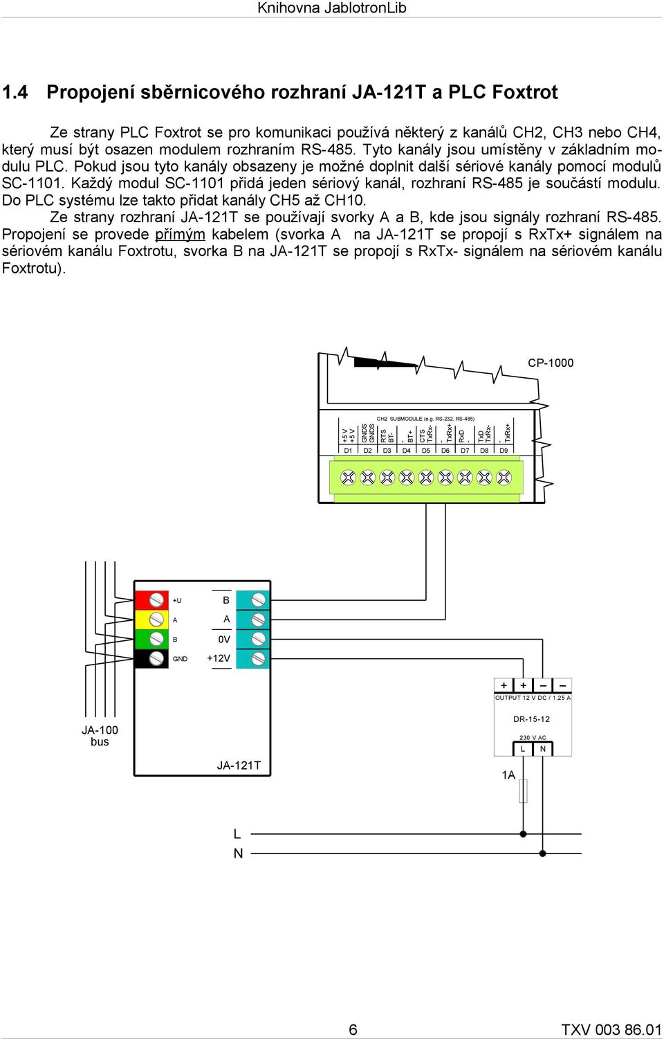 Každý modul SC-1101 přidá jeden sériový kanál, rozhraní RS-485 je součástí modulu. Do PLC systému lze takto přidat kanály CH5 až CH10.
