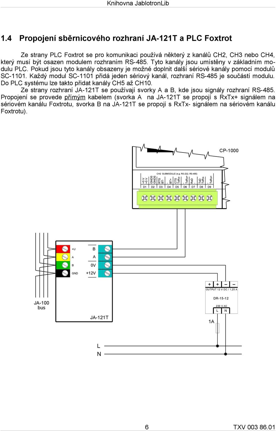 Každý modul SC-1101 přidá jeden sériový kanál, rozhraní RS-485 je součástí modulu. Do PLC systému lze takto přidat kanály CH5 až CH10.