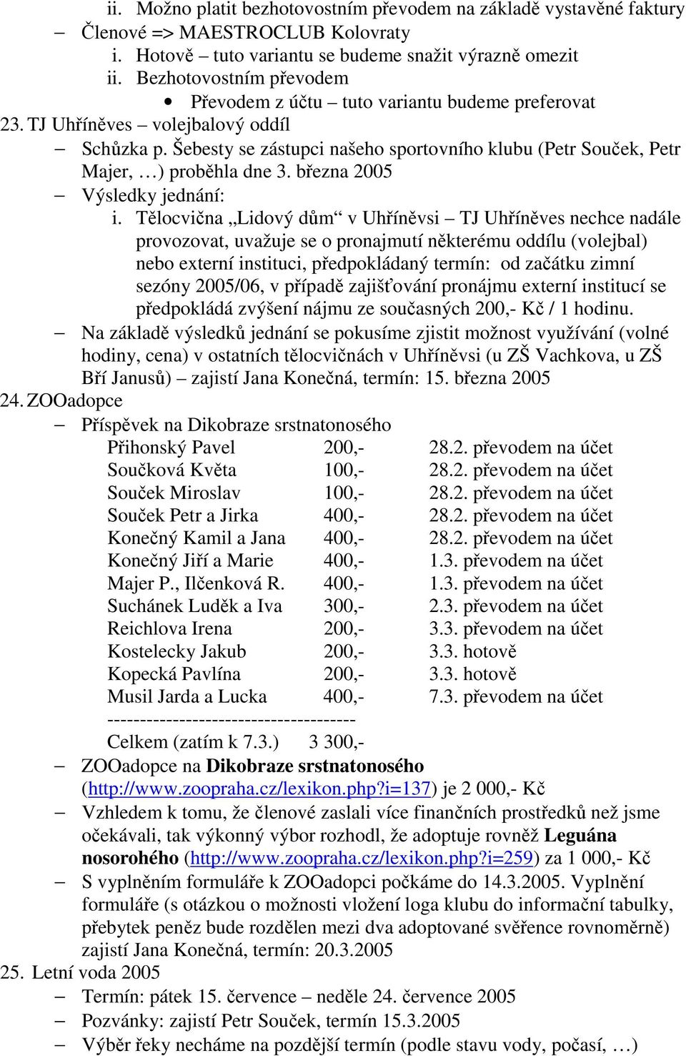 Šebesty se zástupci našeho sportovního klubu (Petr Souček, Petr Majer, ) proběhla dne 3. března 2005 Výsledky jednání: i.