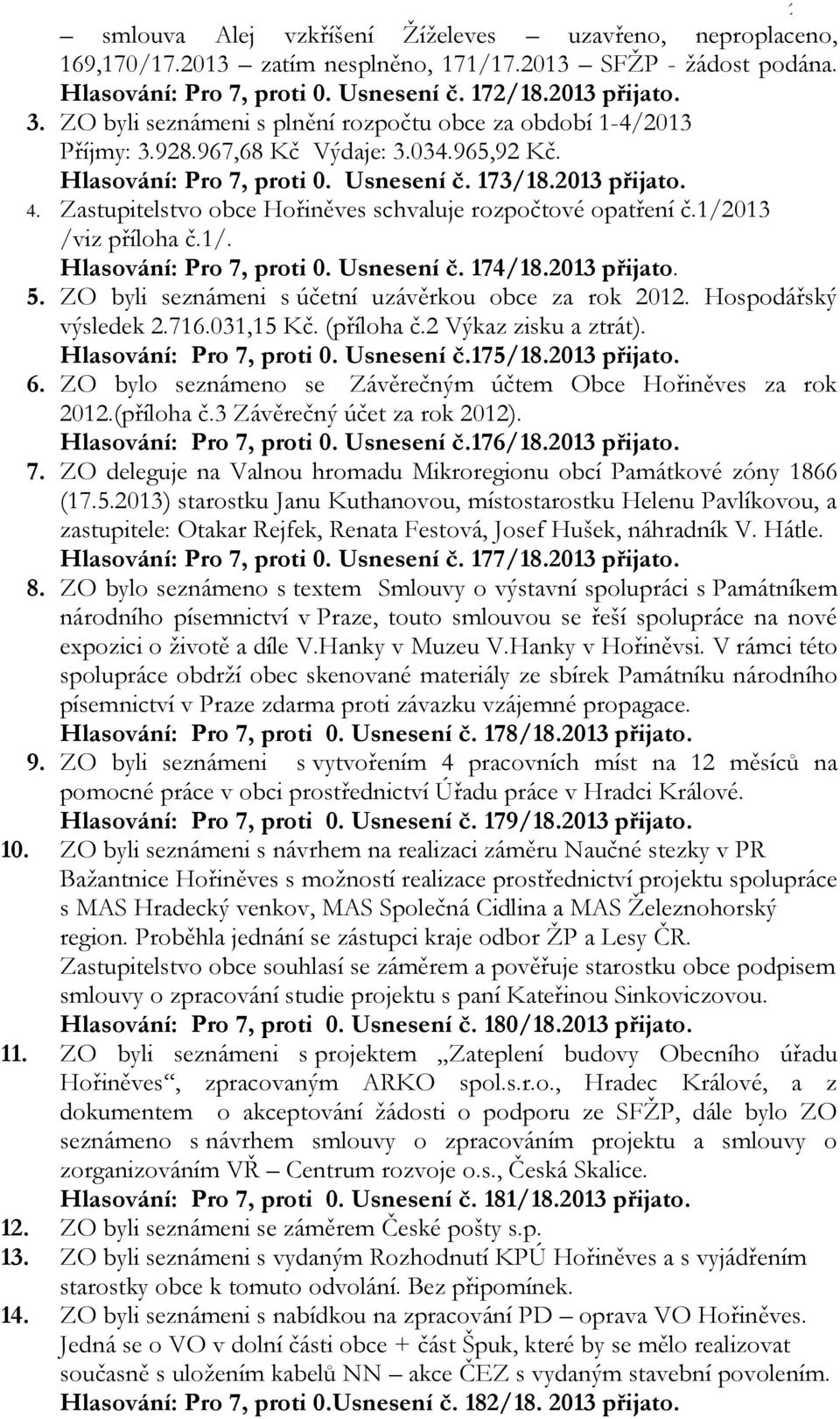 Zastupitelstvo obce Hořiněves schvaluje rozpočtové opatření č.1/2013 /viz příloha č.1/. Hlasování: Pro 7, proti 0. Usnesení č. 174/18.2013 přijato. 5.