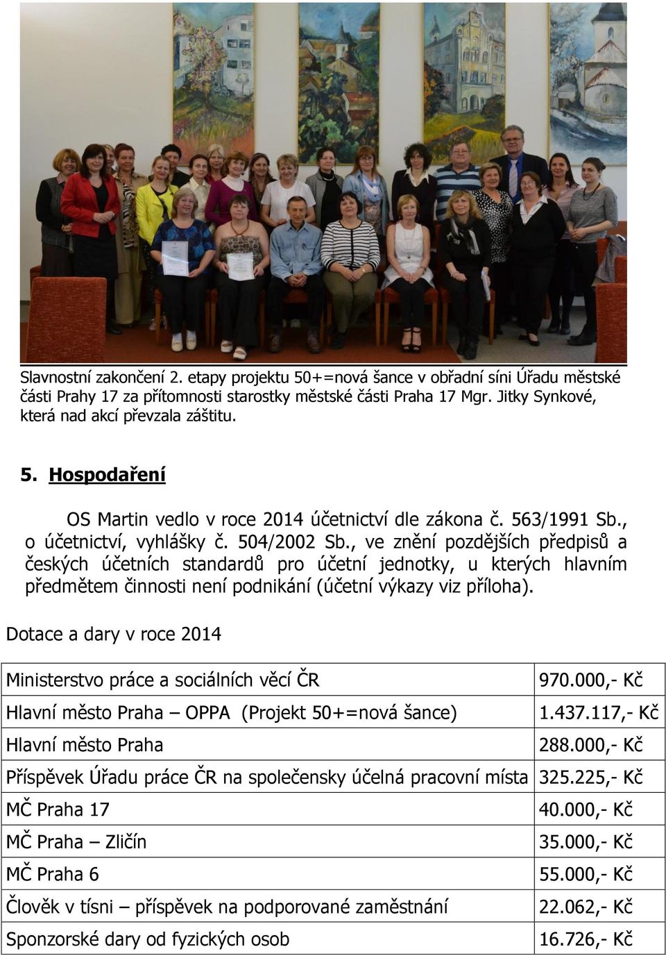 , ve znění pozdějších předpisů a českých účetních standardů pro účetní jednotky, u kterých hlavním předmětem činnosti není podnikání (účetní výkazy viz příloha).