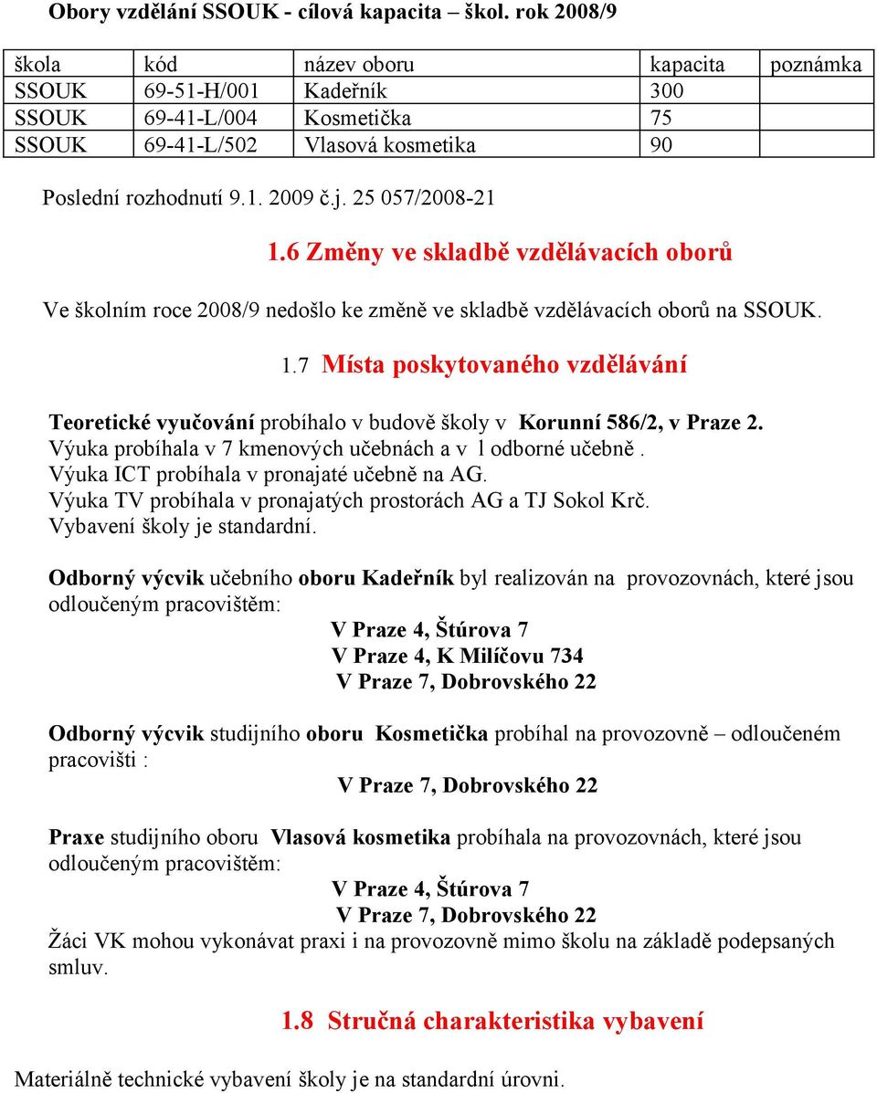 25 057/2008-21 1.6 Změny ve skladbě vzdělávacích oborů Ve školním roce 2008/9 nedošlo ke změně ve skladbě vzdělávacích oborů na SSOUK. 1.7 Místa poskytovaného vzdělávání Teoretické vyučování probíhalo v budově školy v Korunní 586/2, v Praze 2.