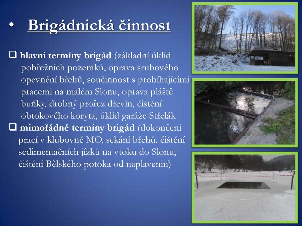 dřevin, čištění obtokového koryta, úklid garáţe Střelák mimořádné termíny brigád (dokončení prací v