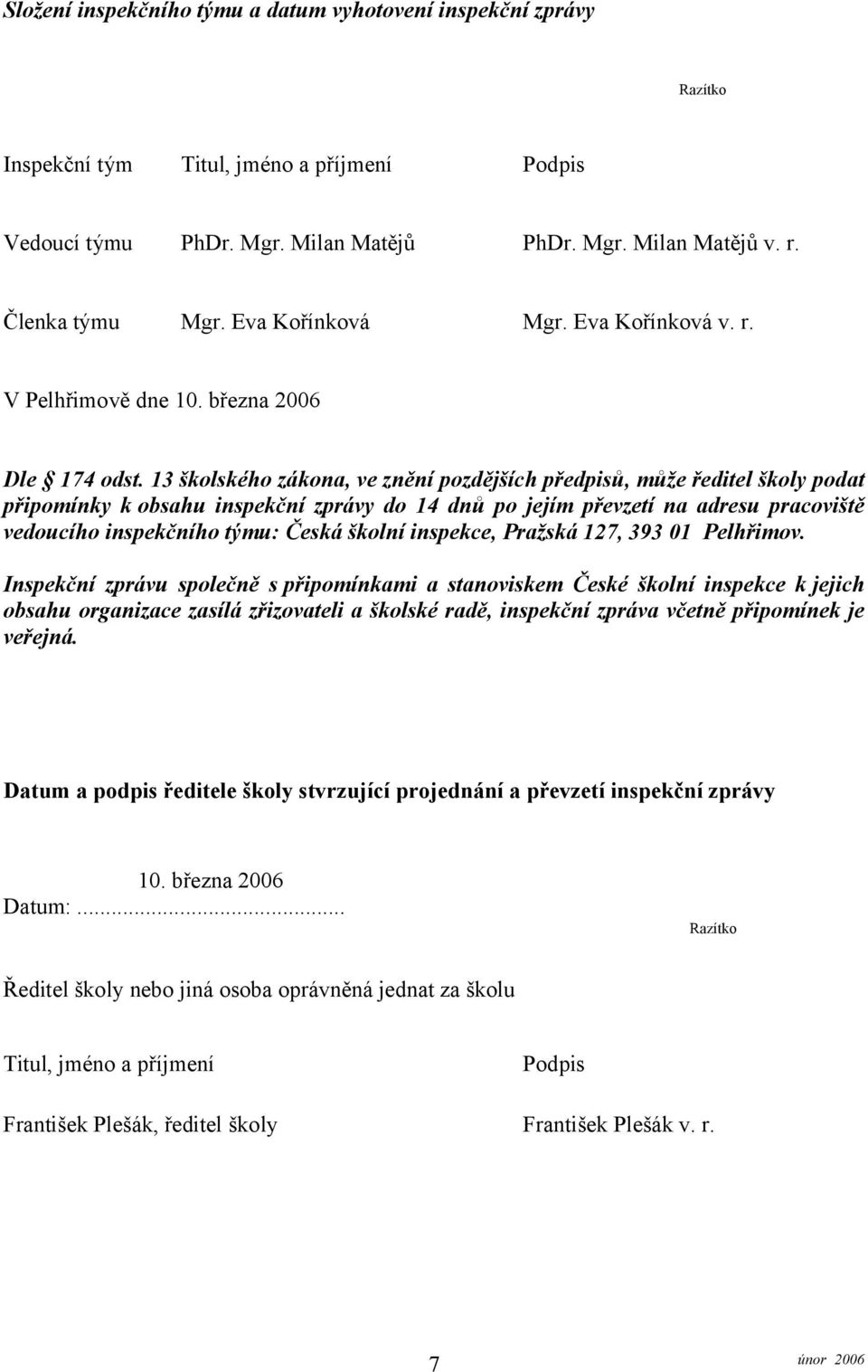 13 školského zákona, ve znění pozdějších předpisů, může ředitel školy podat připomínky k obsahu inspekční zprávy do 14 dnů po jejím převzetí na adresu pracoviště vedoucího inspekčního týmu: Česká