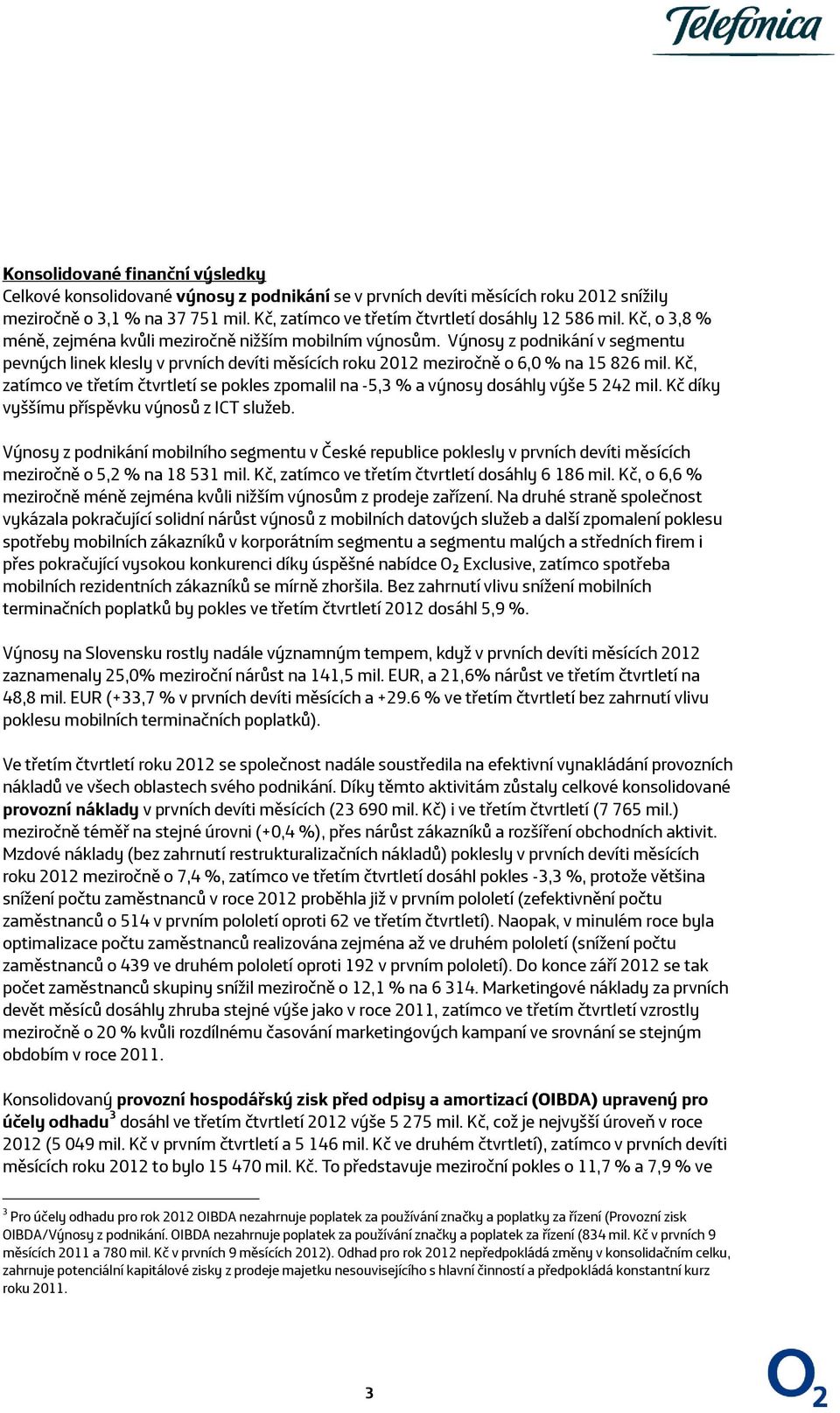 Výnosy z podnikání v segmentu pevných linek klesly v prvních devíti měsících roku 2012 meziročně o 6,0 % na 15 826 mil.