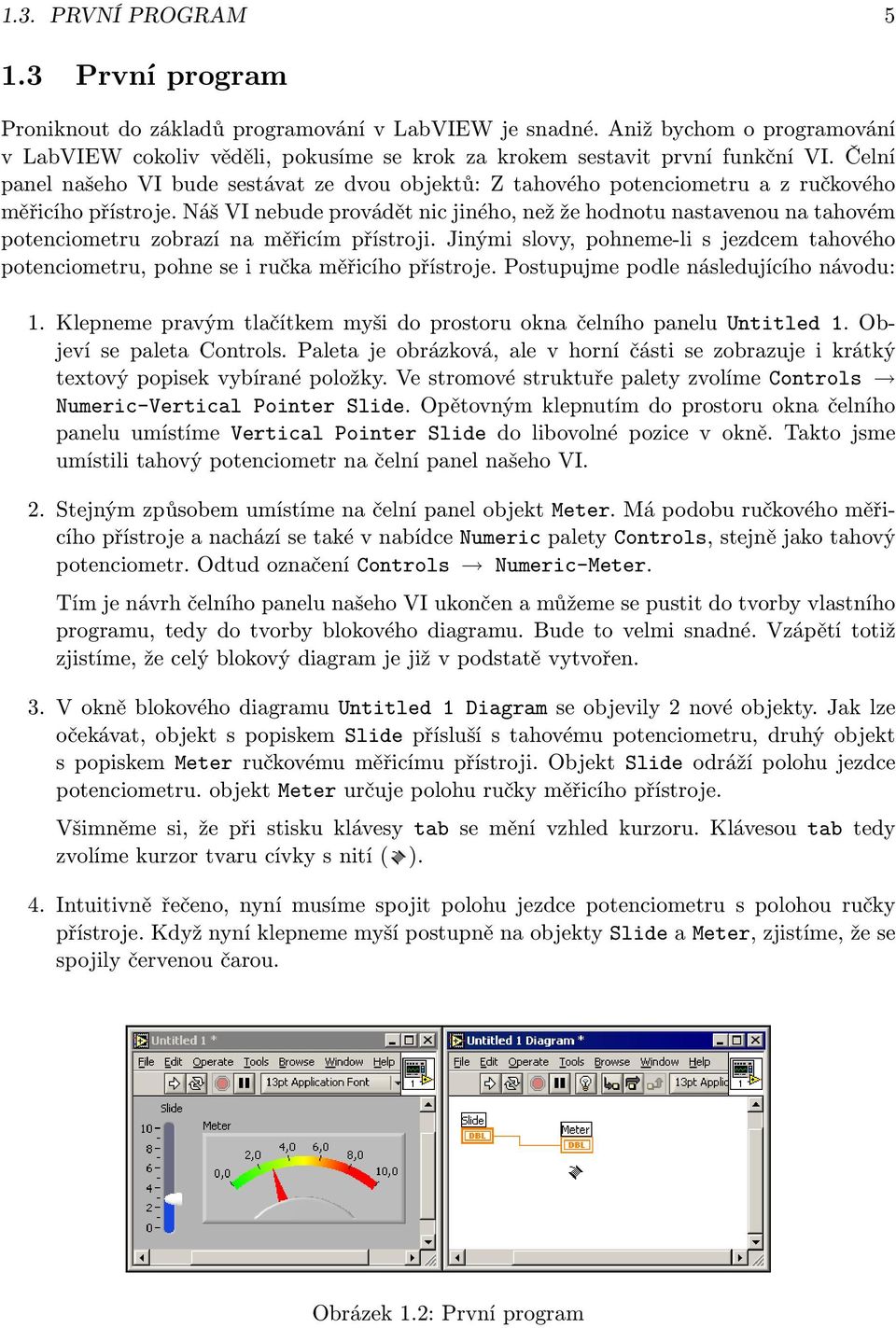 Čelní panel našeho VI bude sestávat ze dvou objektů: Z tahového potenciometru a z ručkového měřicího přístroje.