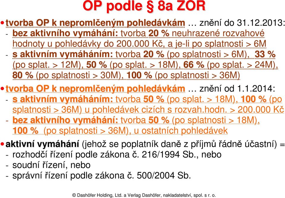 > 24M), 80 % (po splatnosti > 30M), 100 % (po splatnosti > 36M) tvorba OP k nepromlčeným pohledávkám znění od 1.1.2014: - s aktivním vymáháním: tvorba 50 % (po splat.