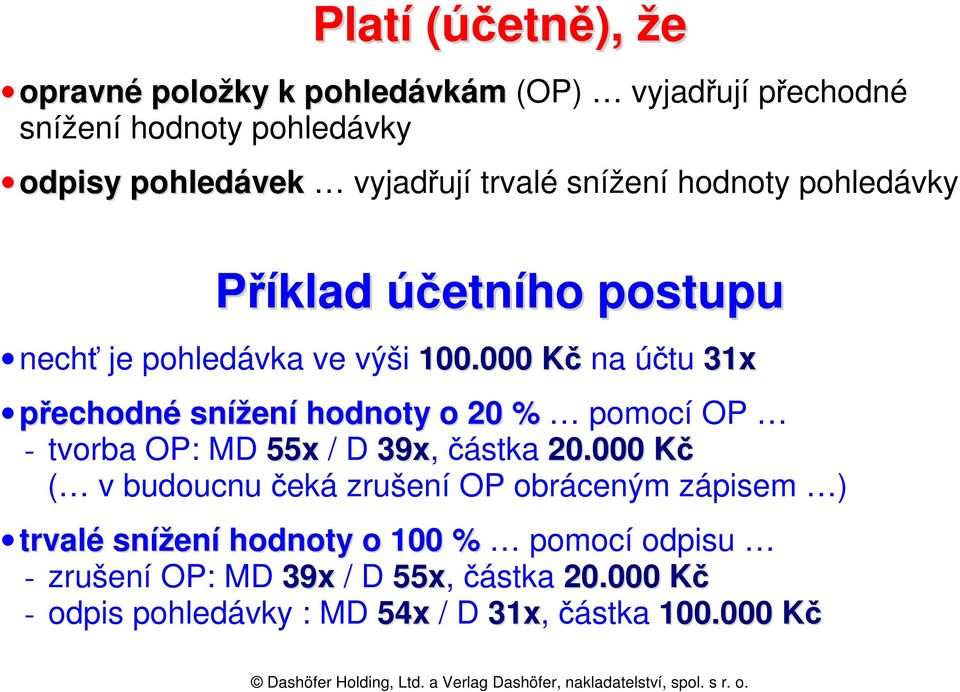 000 Kč na účtu 31x přechodné snížení hodnoty o 20 % pomocí OP - tvorba OP: MD 55x / D 39x, částka 20.