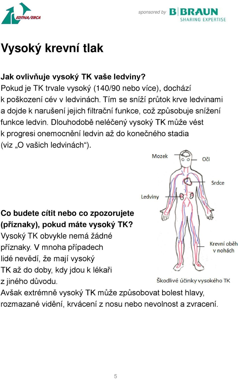 Dlouhodobě neléčený vysoký TK může vést k progresi onemocnění ledvin až do konečného stadia (viz O vašich ledvinách ).