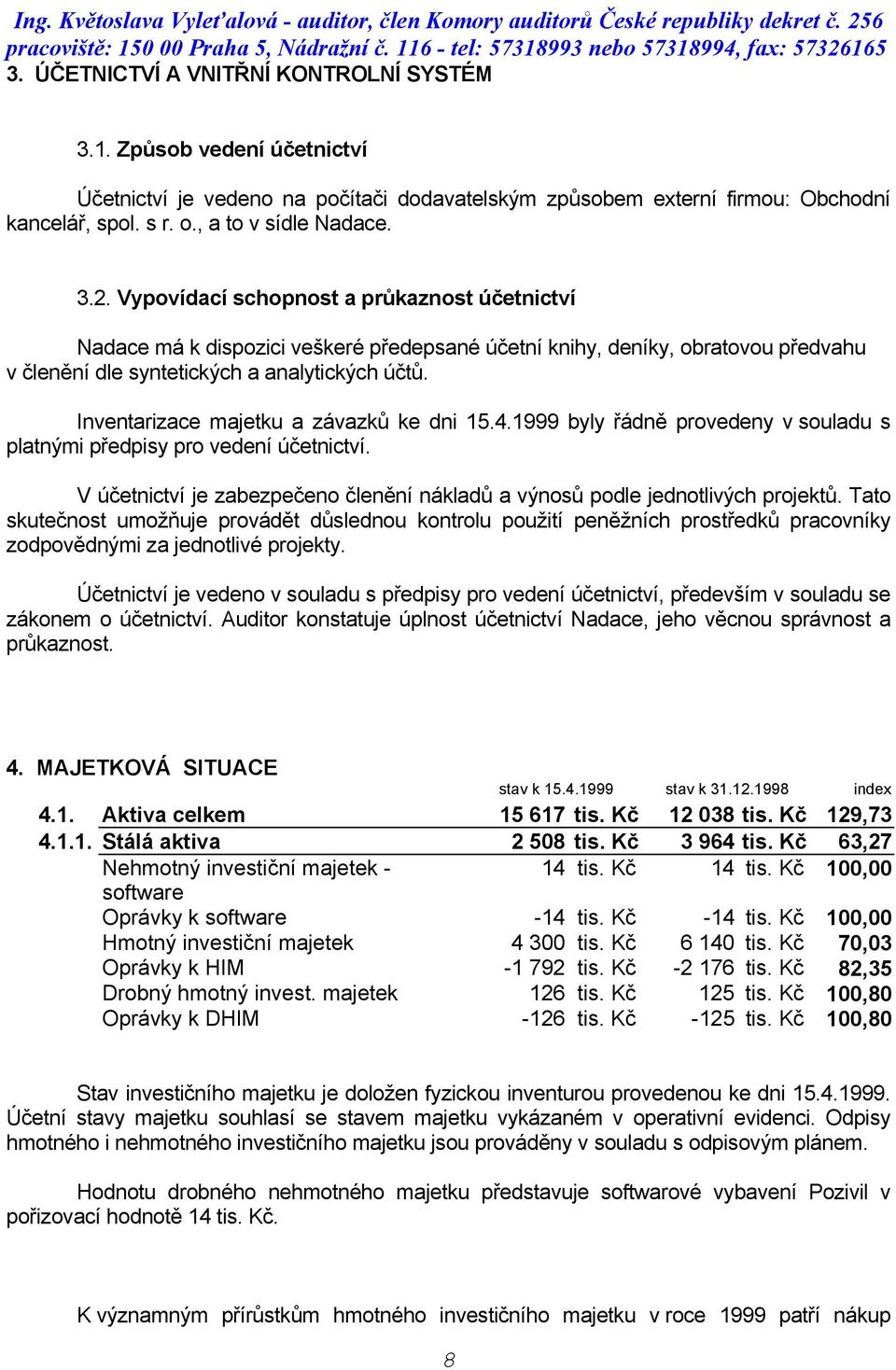 Inventarizace majetku a závazků ke dni 15.4.1999 byly řádně provedeny v souladu s platnými předpisy pro vedení účetnictví.