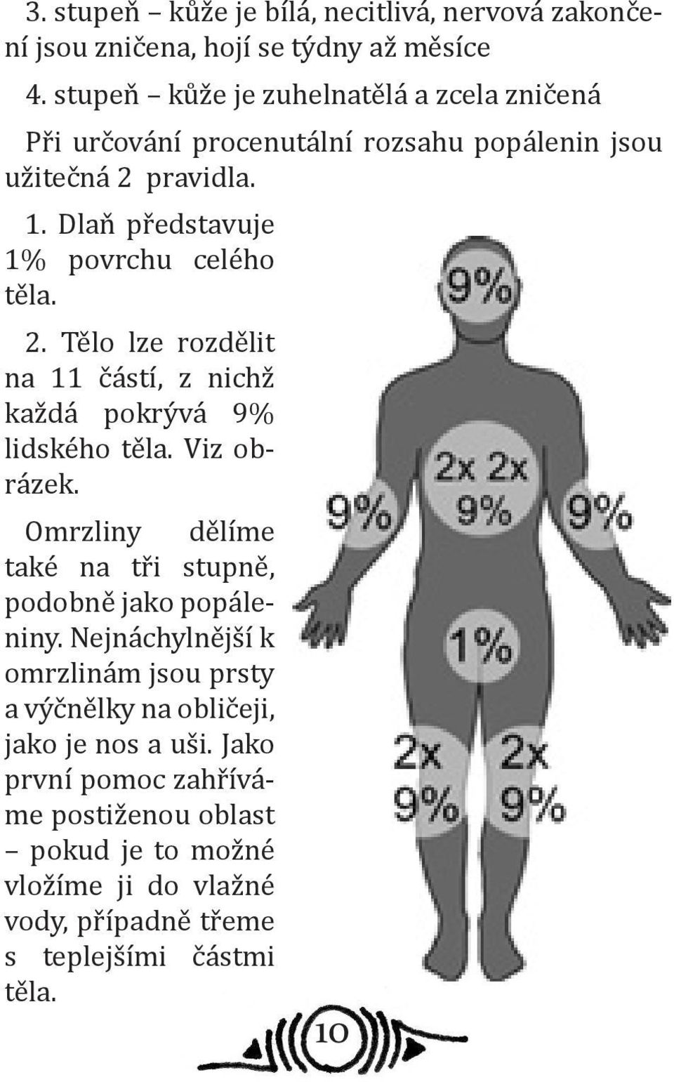 Dlaň představuje 1% povrchu celého těla. 2. Tělo lze rozdělit na 11 částí, z nichž každá pokrývá 9% lidského těla. Viz obrázek.