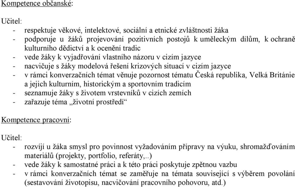 Česká republika, Velká Británie a jejich kulturním, historickým a sportovním tradicím - seznamuje žáky s životem vrstevníků v cizích zemích - zařazuje téma životní prostředí Kompetence pracovní: