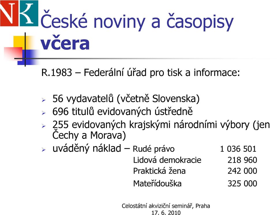 Slovenska) 696 titulů evidovaných ústředně 255 evidovaných krajskými