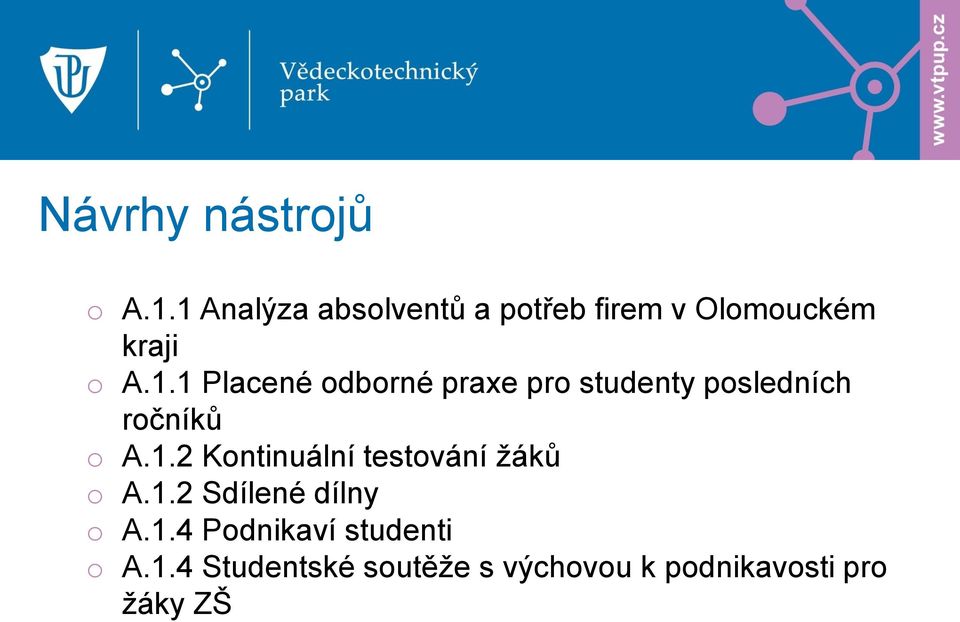 1.2 Kontinuální testování žáků o A.1.2 Sdílené dílny o A.1.4 Podnikaví studenti o A.