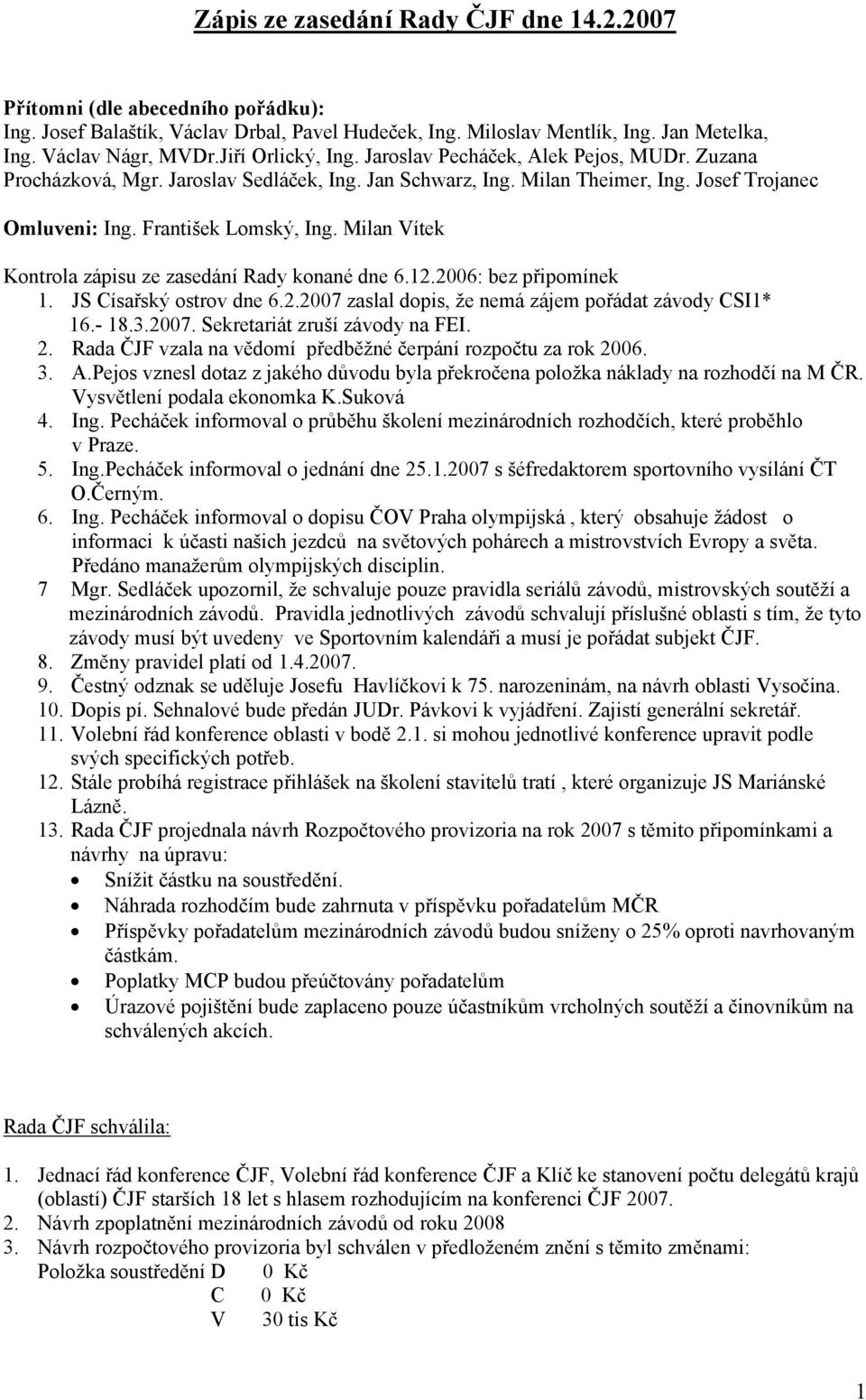 Milan Vítek Kontrola zápisu ze zasedání Rady konané dne 6.12.2006: bez připomínek 1. JS Císařský ostrov dne 6.2.2007 zaslal dopis, že nemá zájem pořádat závody CSI1* 16.- 18.3.2007. Sekretariát zruší závody na FEI.