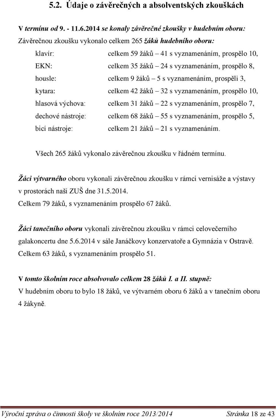 vyznamenáním, prospělo 8, housle: celkem 9 žáků 5 s vyznamenáním, prospěli 3, kytara: celkem 42 žáků 32 s vyznamenáním, prospělo 10, hlasová výchova: celkem 31 žáků 22 s vyznamenáním, prospělo 7,